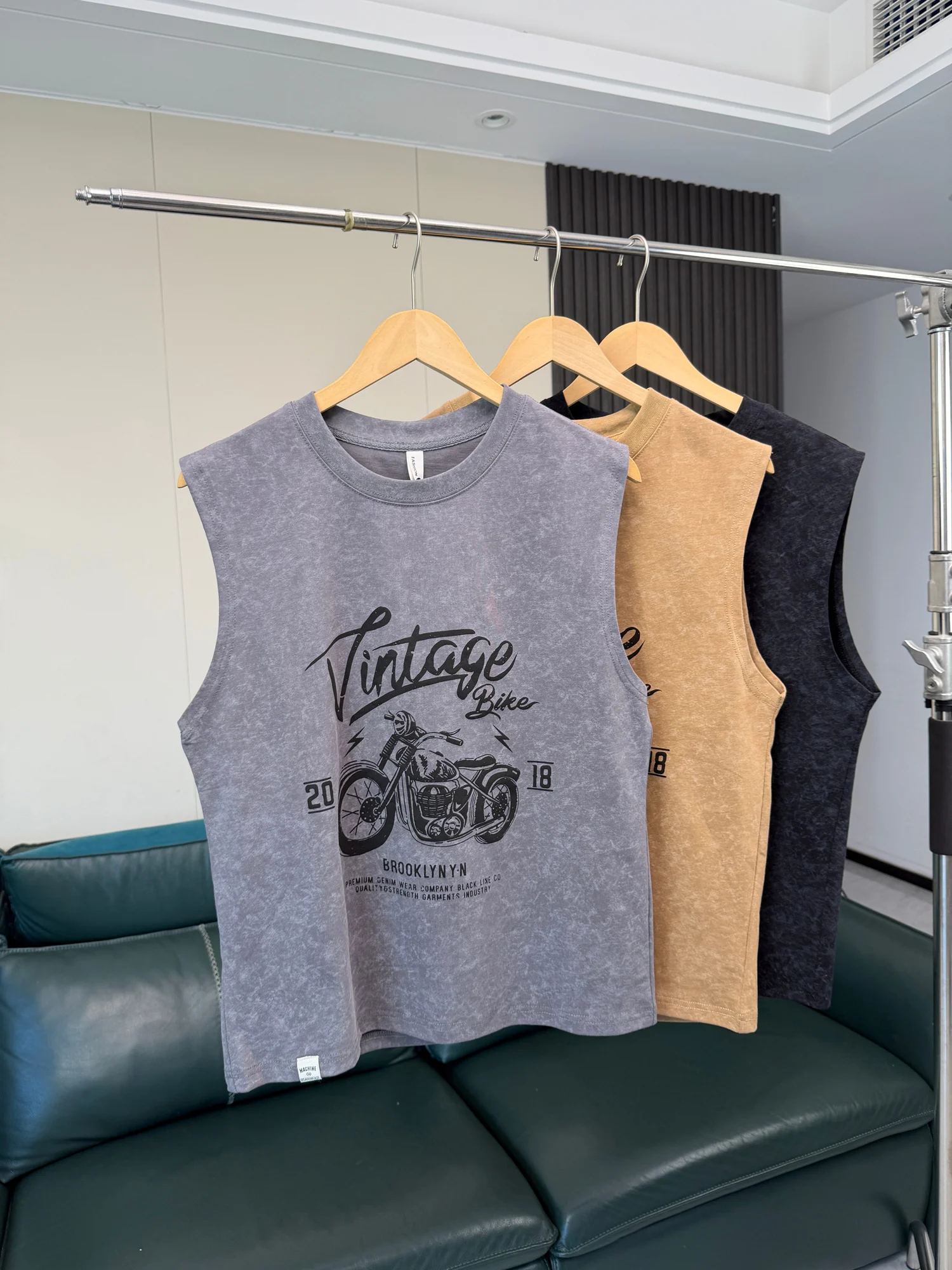 American Style Heavyweight Retro Print Men's Summer round Neck Sleeveless Loose Breathable Sports Casual Vest Moisture Wicking