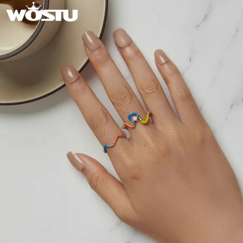 WOSTU 925 Sterling Silver Rainbow Twist Ring Colorful Wave Fine Jewelry Perfect for Parties & Gifting Ideal Women’s Accessory