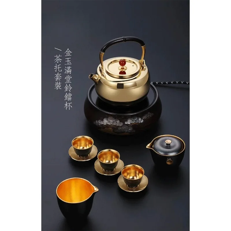 24K peacock glaze gold cup tea bell  tray set three-entry