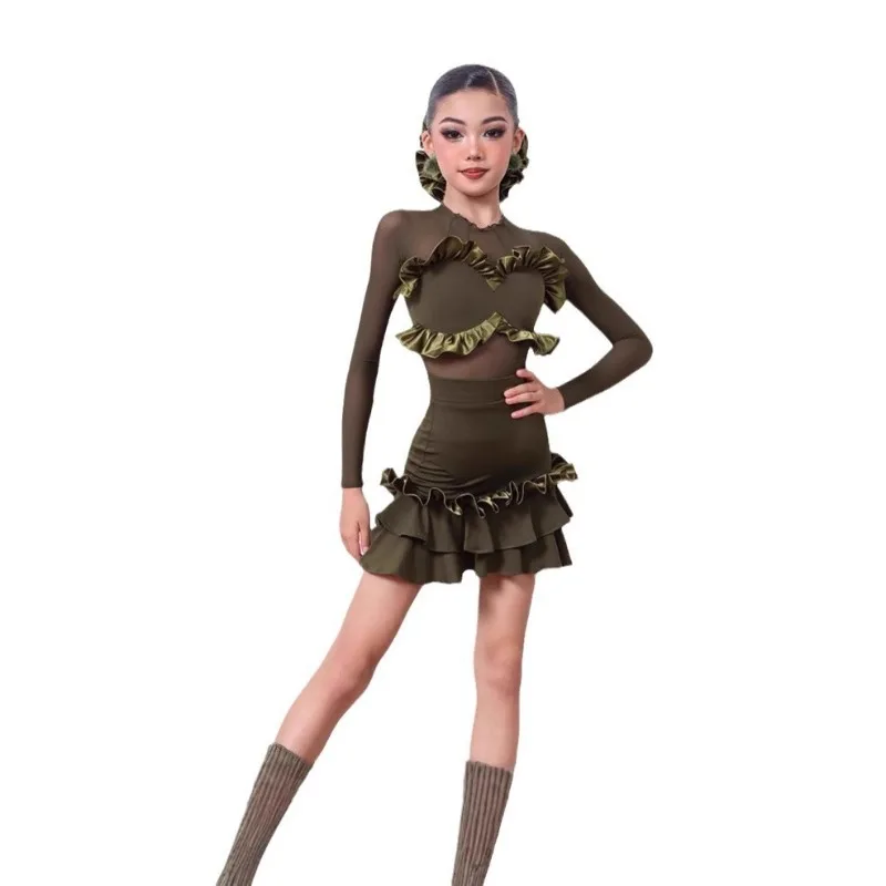 Vestido de baile latino personalizado para niñas, falda elegante con volantes de manga larga y abraza la cadera, traje de competición de rendimiento