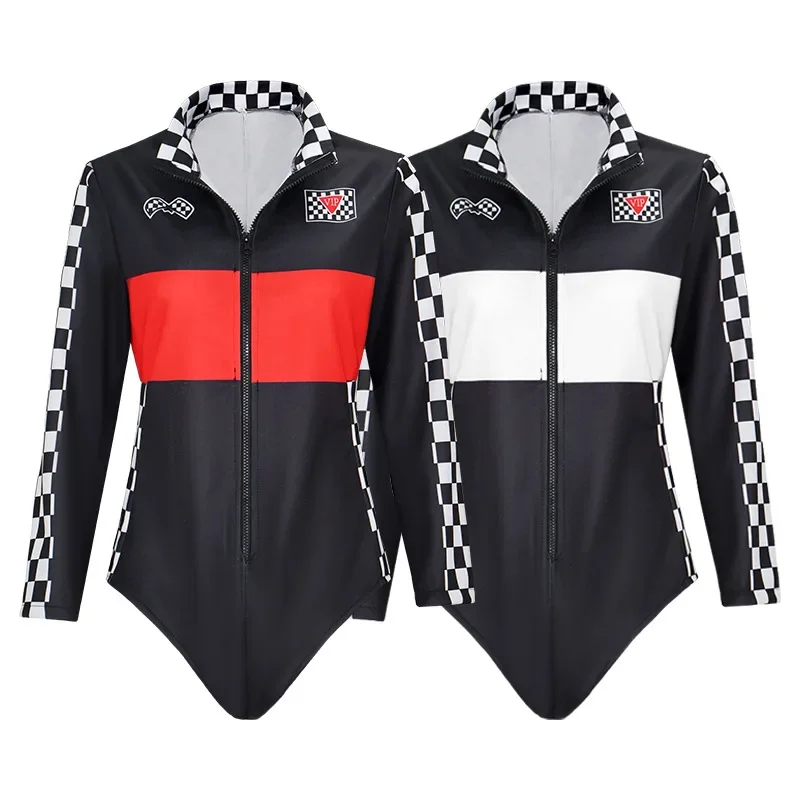 CosplayWomen سباق السيارات سائق تأثيري حلي مثير بذلة جوارب الحرير الفتيات التشجيع موحدة كرنفال لعب الأدوار Cl