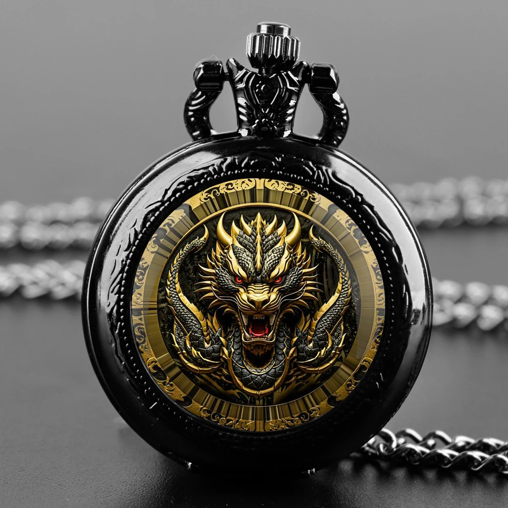 Creative Cool Wolf Dragon  Design Quartz Pocket Watch Necklace Pendant Ideal Gift for Men & Women and Kids Pendant Birthday Gift