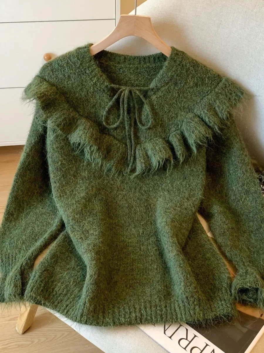 

Korean Sle Gentle Ruffle Sve Knitted Sweater Women's Autumn Winter New Loose Lazy Sle Knitwear Self-Kee Model