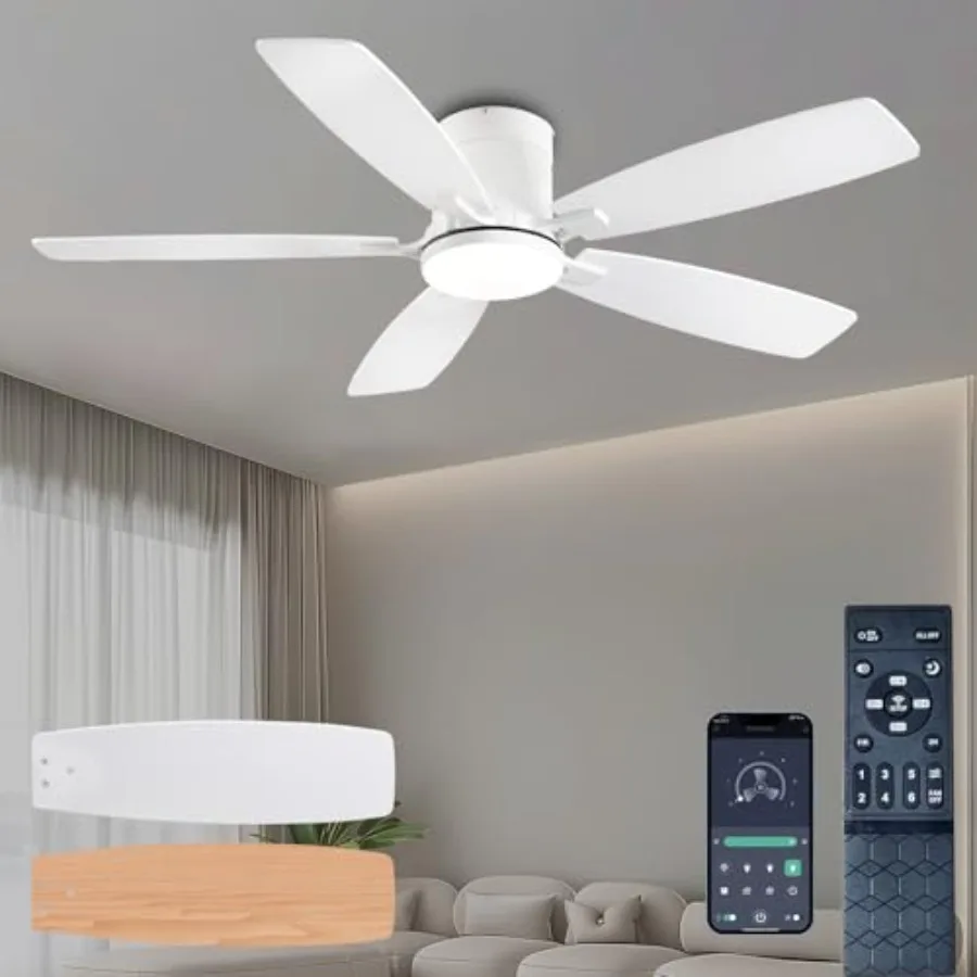 Bedroom ceiling fan with light, white ABS plastic, 52 inch low profile flush mount, dimmable LED light and silent reversible mo