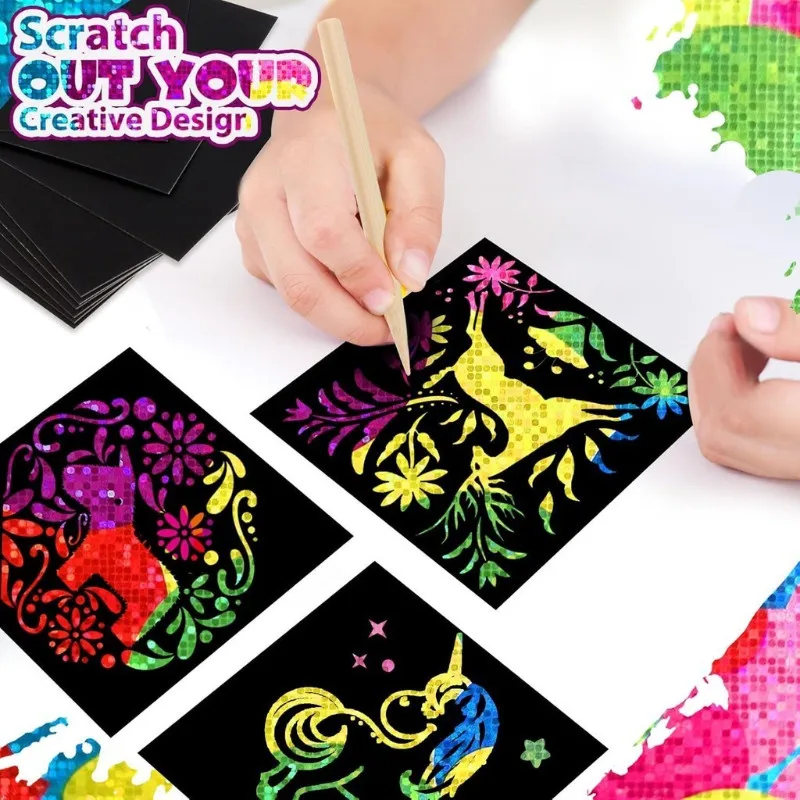 100pcs Rainbow Scratch Mini Notes Paper Pad Cards With 2 Stylus For Childrens Draw Painting Toys Craft Birthday Christmas Gift
