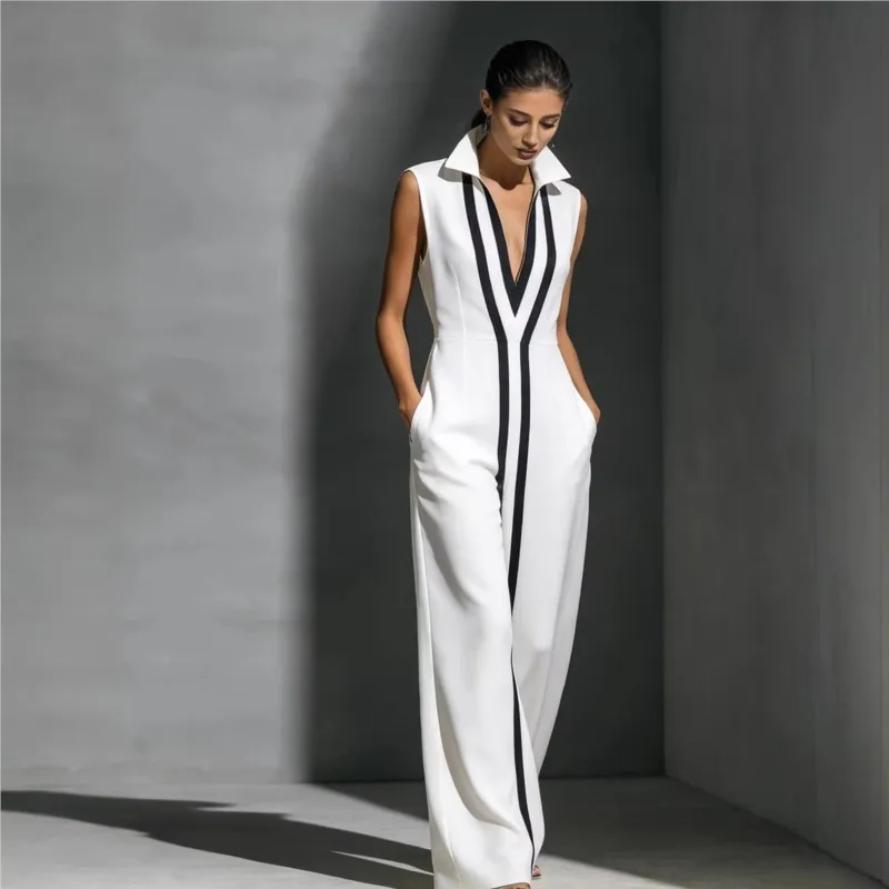 

Woman's Loose Sleeveless Dress Summer Fashion Deep V-neck Color Blocked Striped Design Dresses Ladies Foreign Style Streetwear