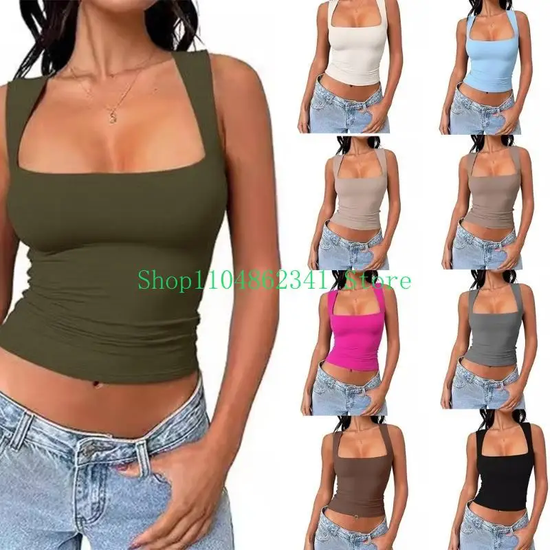 5ASD للسيدات مربع الرقبة بلا أكمام طبقة مزدوجة دبابة أعلى الصيف قمم الصيف للصيف