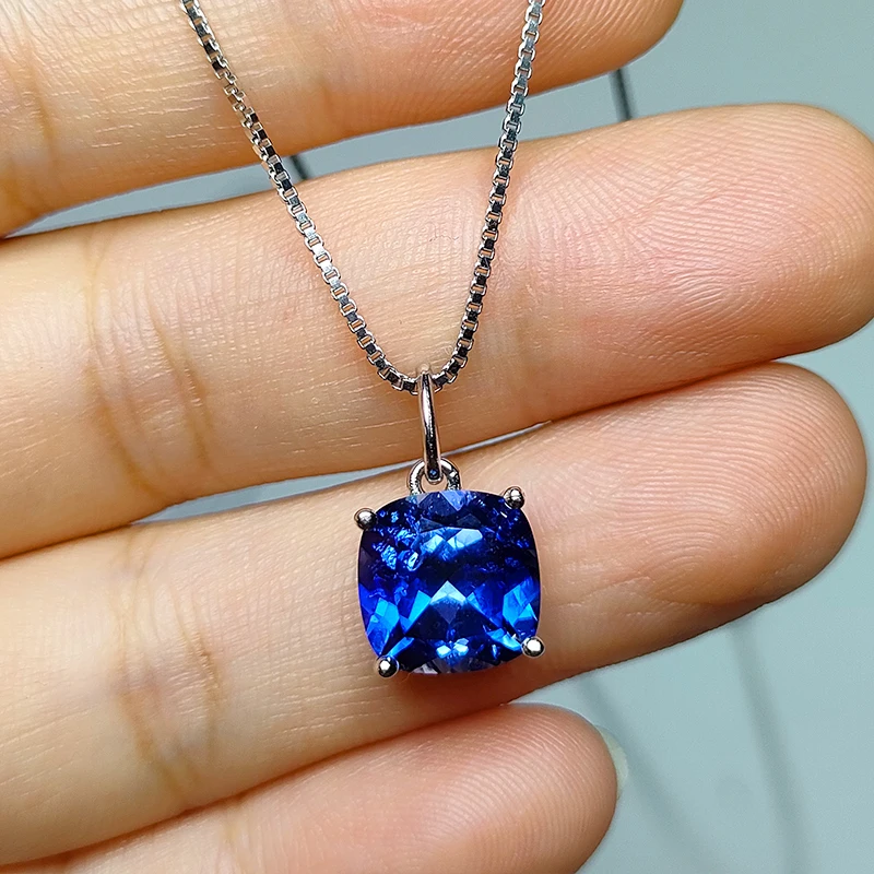 925 silver Fashion 9*9mm cushion  blue color Artificial sapphire with inclusions main stone Jewelry for Pendant Necklace