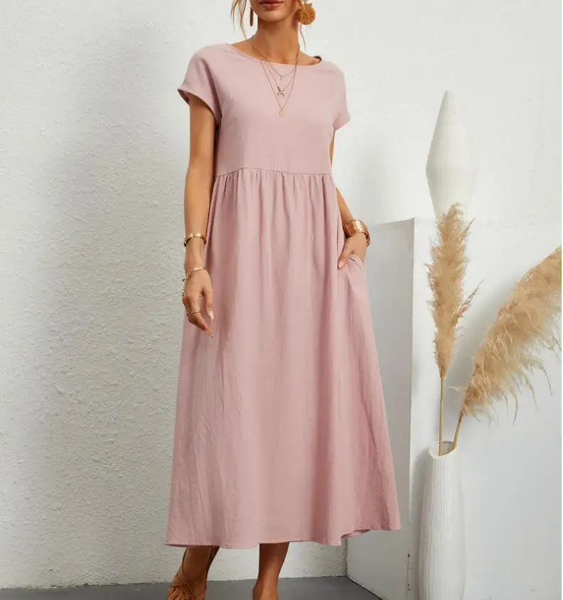 Women\'s Dress Summer New Round Neck Short Sleeve Cotton Pleated Elegant Dress Fashion Solid Color Combination Vintage Long Dress