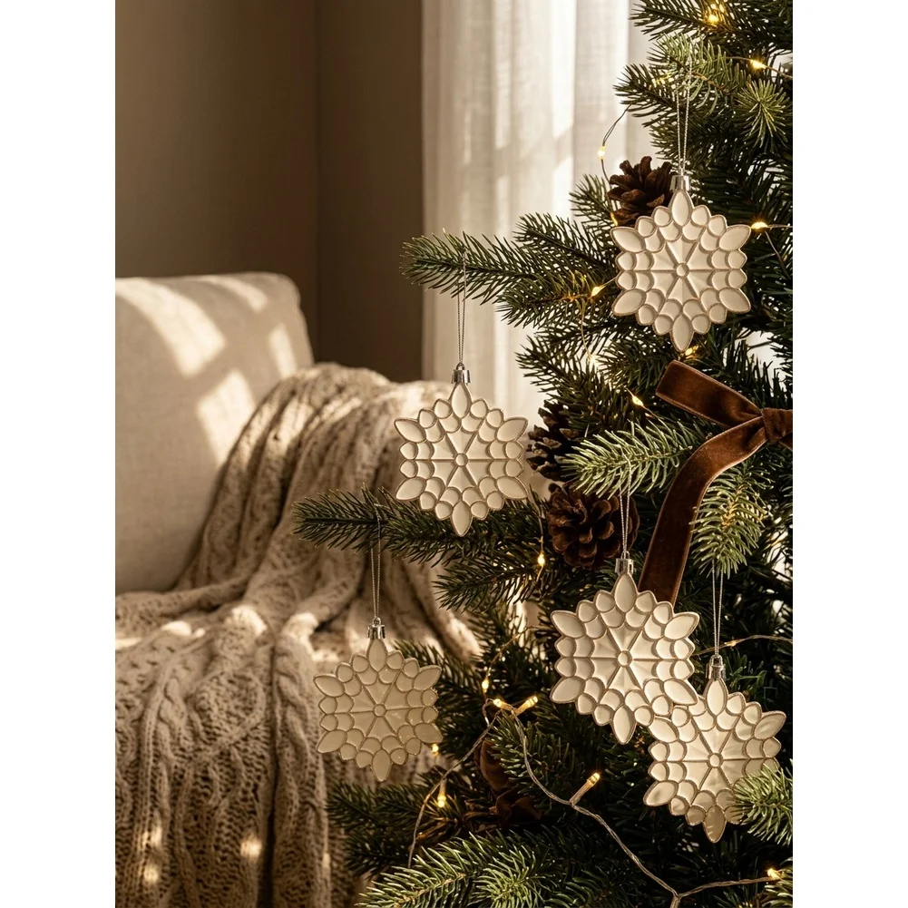 Cream Snowflake Christmas Ornament Ball 10cm Polystyrene European Style Painted Bauble Set For Tree Wreath Window Holiday Decor