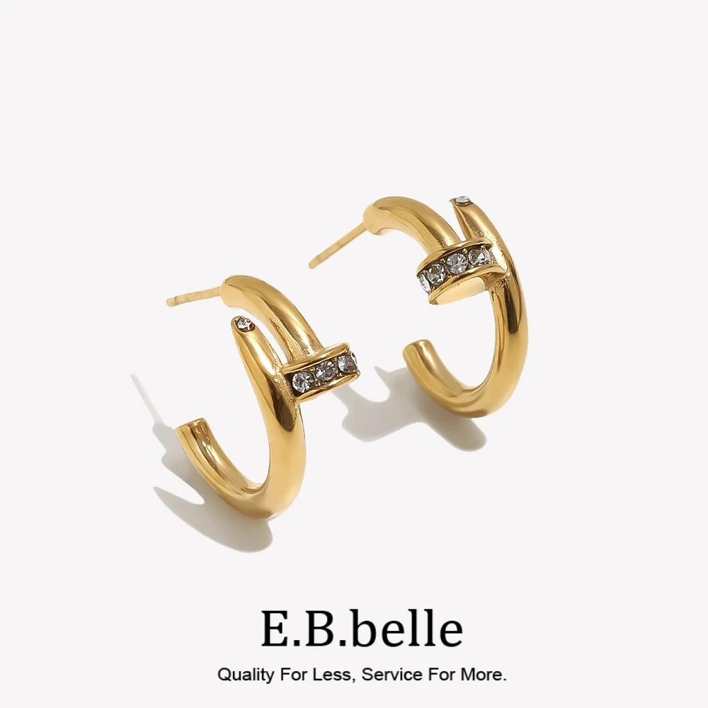 E.B.belle Trendige Mode-Ohrringe mit Strasssteinen für Damen, C-Form, Edelstahl, vergoldet, Boucle d’Oreille Femme