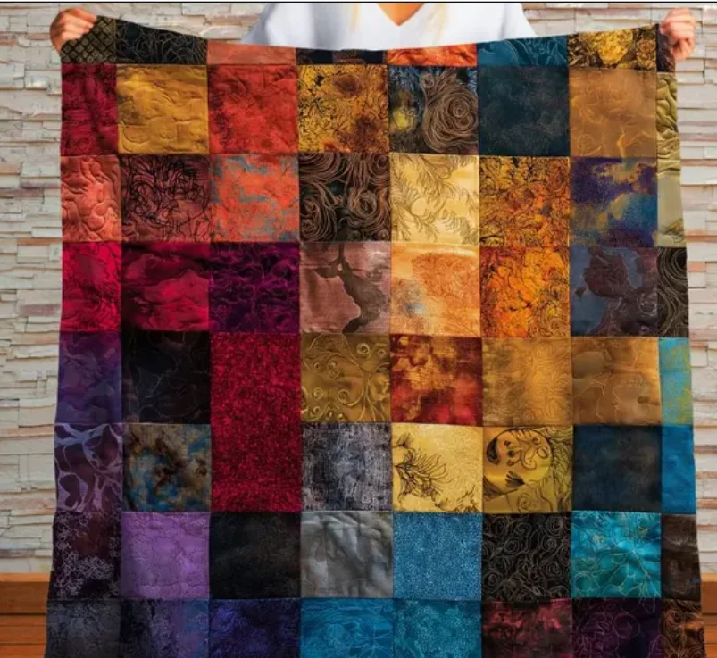 Patchwork Sherpa Blanket Printed Mosaic Jewel Tone Mosaic Throw, Boho Colorful Decor, Cozy Plush Gift