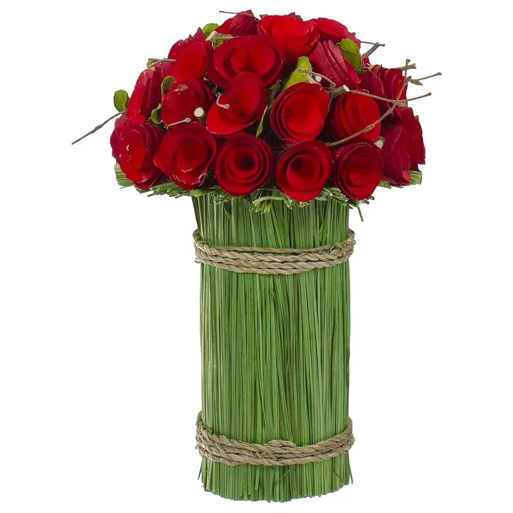 

Wooden Roses And Grass Artificial Floral Bouquet Arrangement - 11.5"" - Red