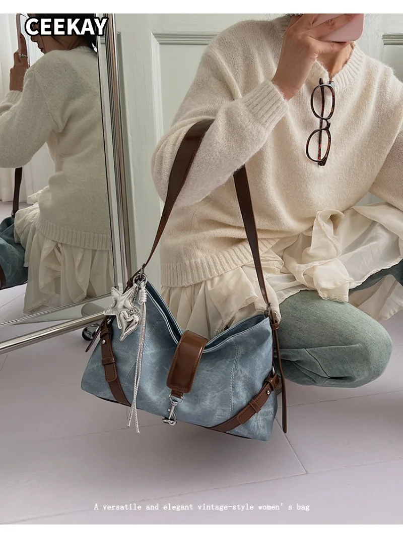 CEEKAY Women's Hobo Bag Light Blue Denim Texture Large Shoulder Handbag Brown Buckle Star Pendant Daily Casual Sweet