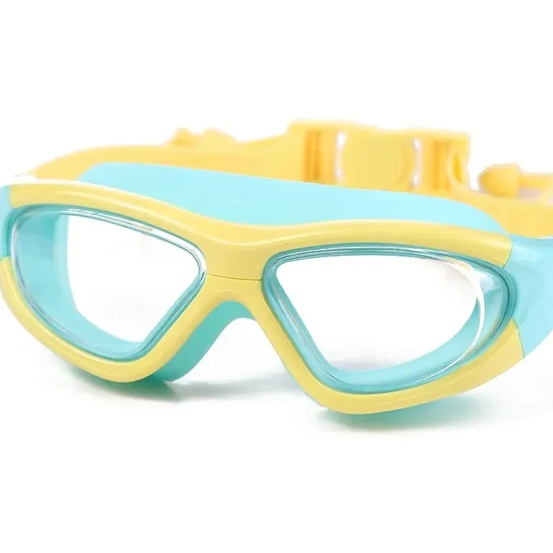 Children Large Frame Swim Goggles HD Clear Lens Waterproof Anti Fog Glasses Built-in Silicone Earplugs Comfort Pool Training Swi