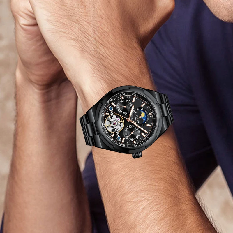 KINYUED 高級ブランドメンズ機械式時計ステンレス鋼防水ウィークデイトムーンフェイズ自動トゥールビヨン腕時計メンズ