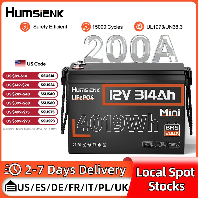 

Humsienk 12V 314Ah LiFePO4 Battery 200A BMS 15000 Cycles Low-Temp Protection For RV / Off-Grid/ Home Storage/ Marine/ Camping
