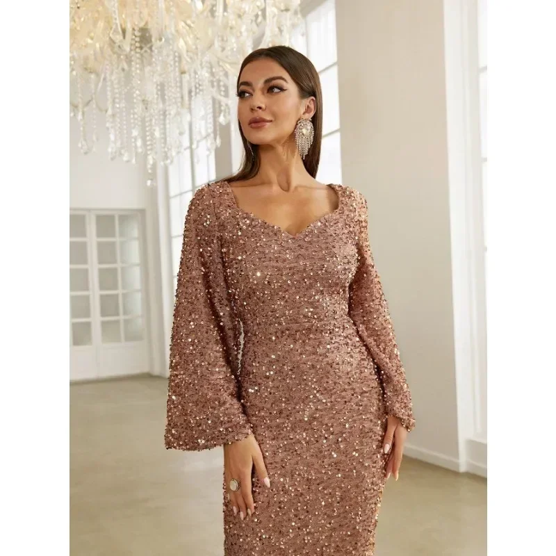 Elegant Women Sequins Corset Party Dress Sexy Fashion Flare Long Sleeve V Neck High Waist Mermaid Evening Graduation Dress Gown