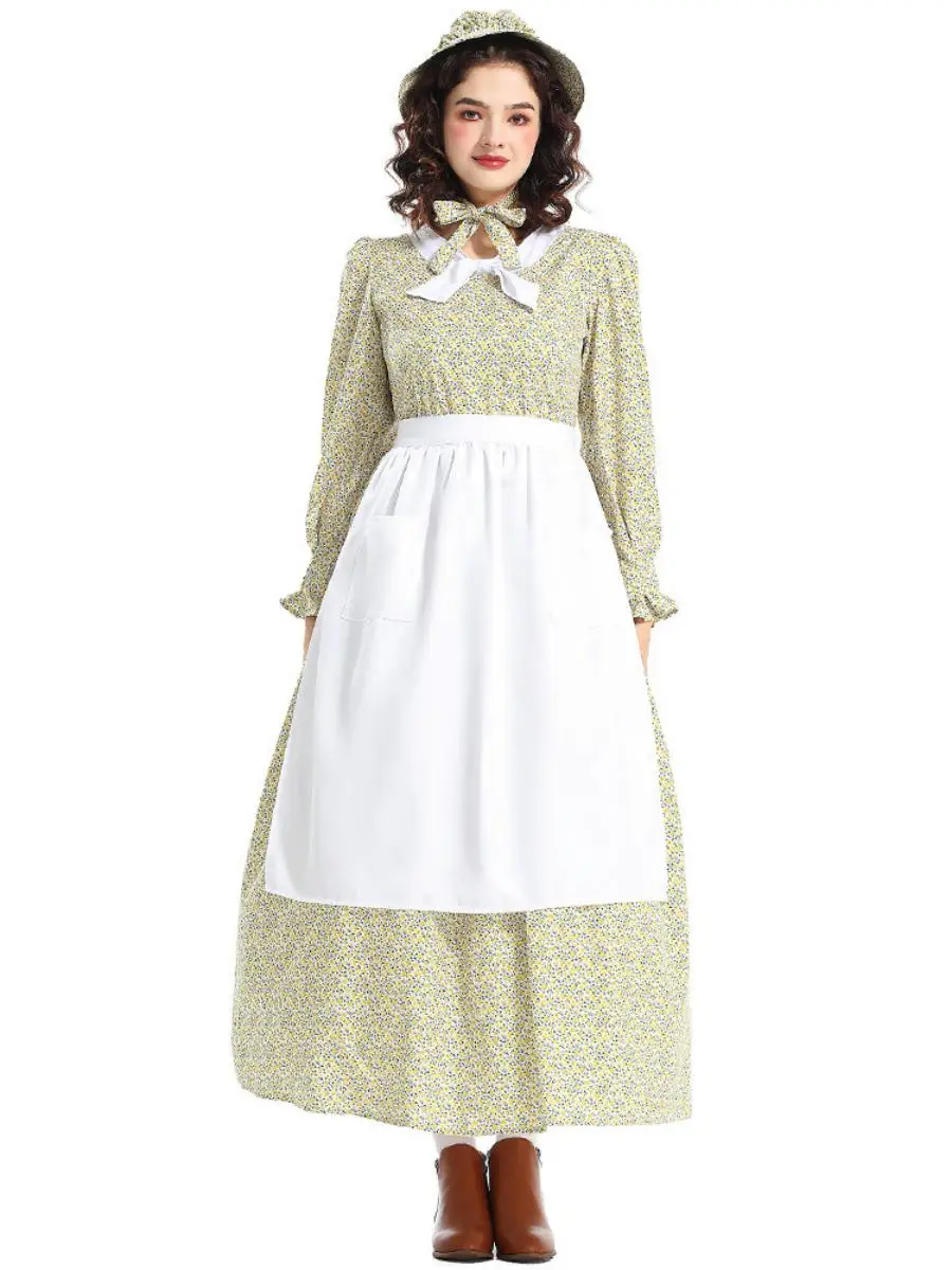 Nieuw Halloween-kostuum gele bloemenprint Dr. Schort Pionier Outfit Etnische kleding voor dames Toneelkostuum Polyester Materiaal