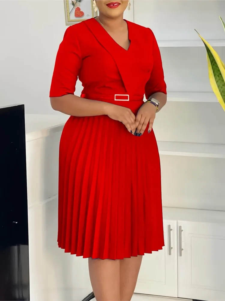 

Summer Fashion Temperament V-neck Simple Solid Color Pleated Belt Dress Women's Elegant Style High Waist Daily Commuting Dresses
