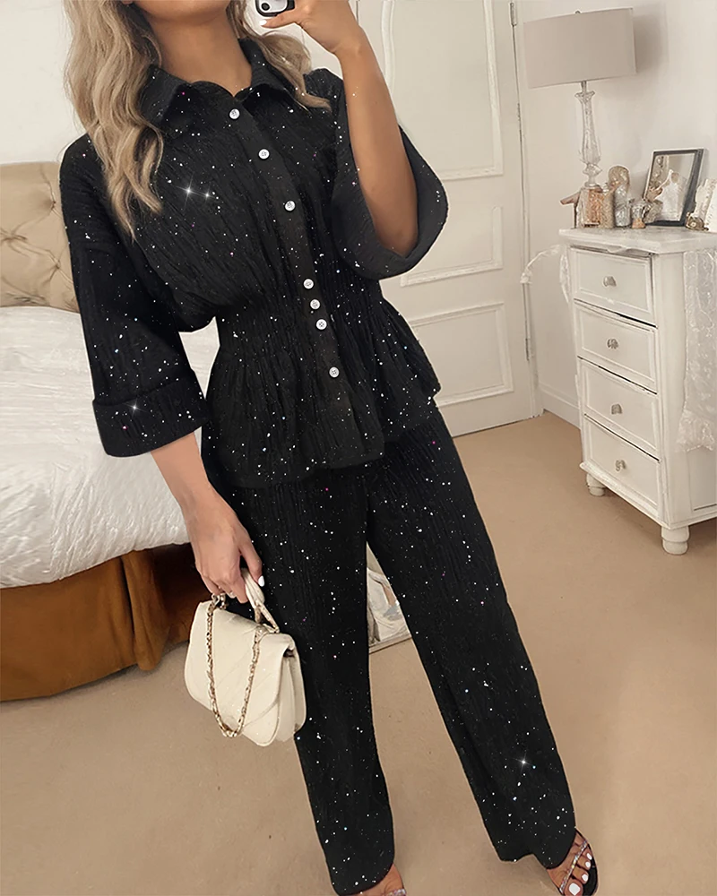 Women Two-piece Suit Set Glitter Solid Color Long Sleeve Turn-down Collar Button Shirring Cinched Waist Shirt Top and Pants Set