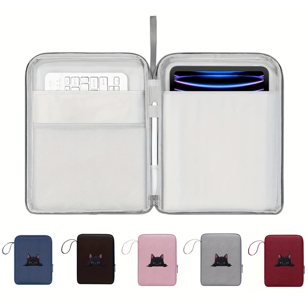 1pc Peeking Black Cat Tablet Sleeve, Water Resistant Shockproof Tablet Bag with Pen Slot & Double Pockets, Girly Handheld Pouch