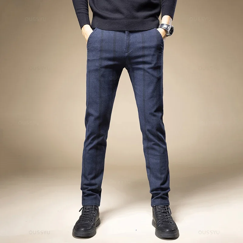 

Brand Clothing Classic Plaid Work Stretch Pants Men Cotton Business Straight Fit Grey Black Blue Korea Casual Trousers Male S186