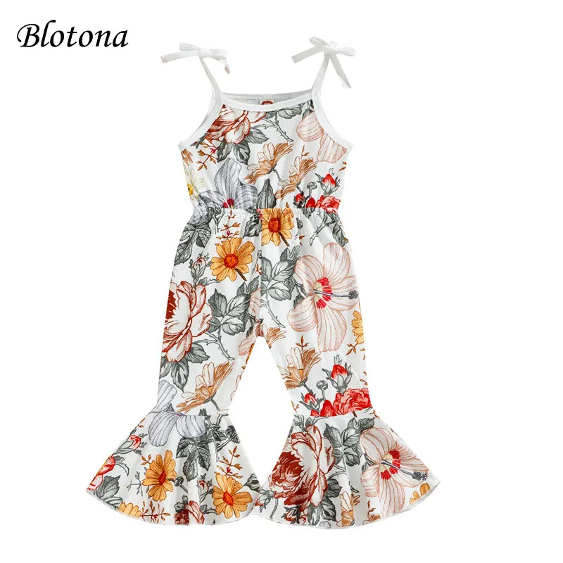 

Blotona Baby Toddler Girls Jumpsuit Tie-up Suspender Sleeveless Elastic High Waist Floral Printed Long Flared Playsuits 9M-4Y