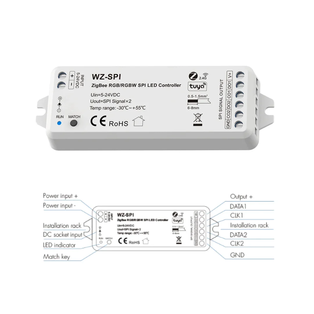 WZ-SPI Tuya Zigbee SPI Controller RF Remote Control 1000Leds Addressable RGB RGBW Pixel WS2811 2812B LED Strip Lights DC5V-24V