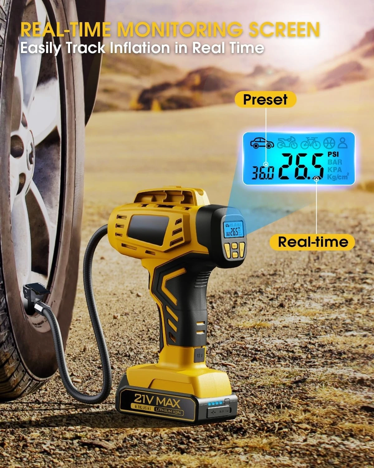 Tire Inflator Portable Air Compressor - 2X Faster - 21V Rechargeable Battery Powered Handheld 160PSI Tire Inflator,Free Shipping