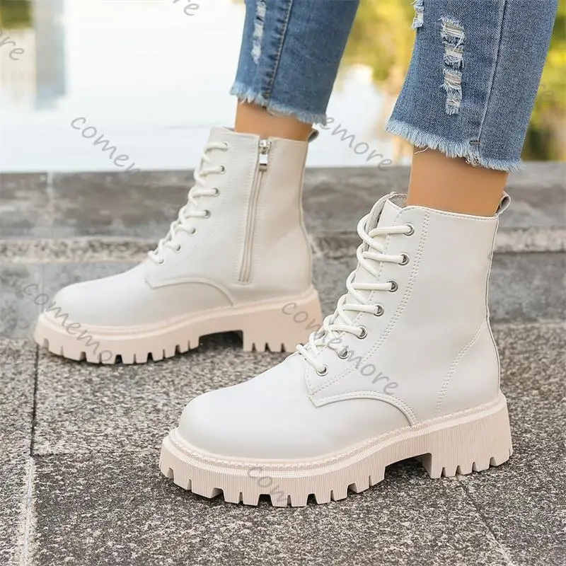 Zapatos Comemore para mujer, botines de cuero con cordones, moda de otoño, zapatos de mujer con cordones, botines de tacón de cuero para mujer