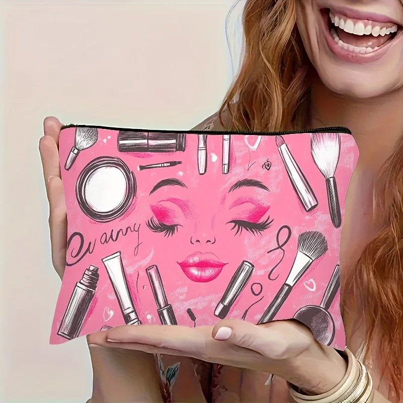 Un sac de maquillage rose pour élément cosmétique – jolie pochette multifonctionnelle à fermeture éclair pour femmes, sac de rangement de bijoux