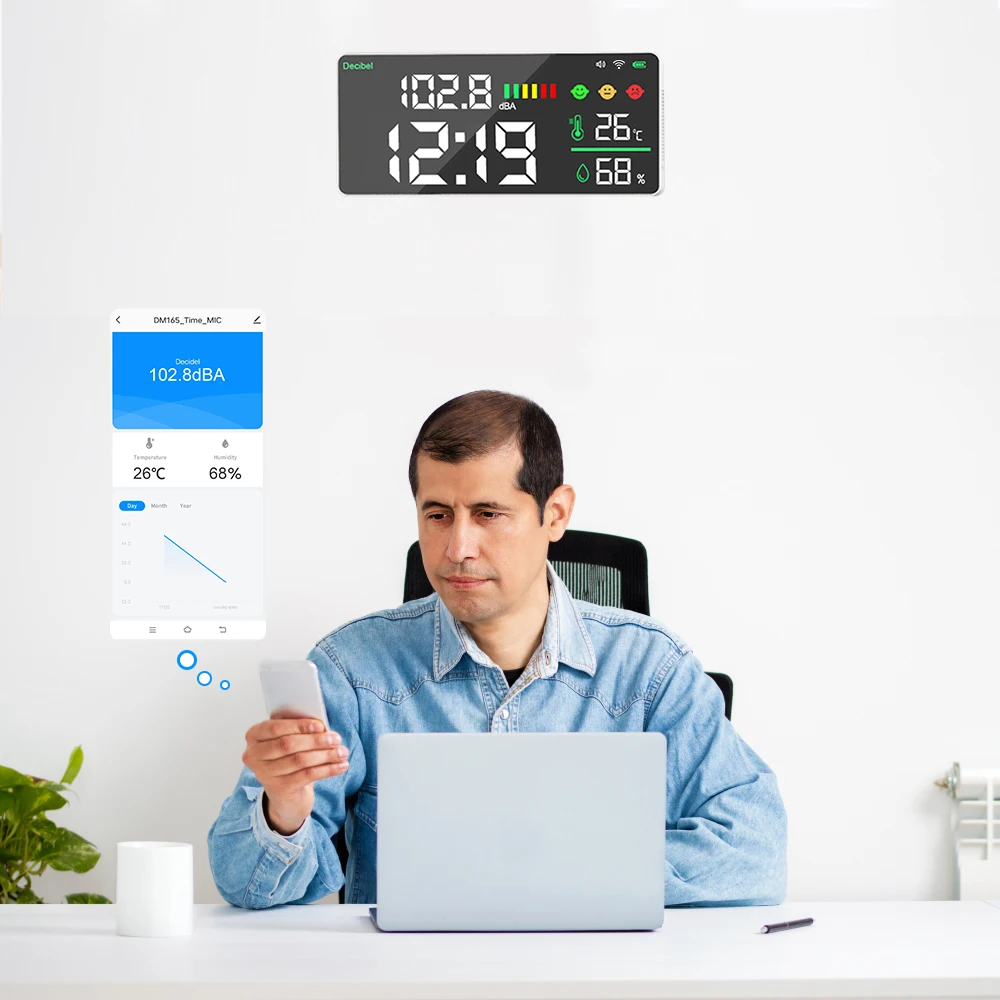 DM165 WiFi Wall-Mounted Carbon Dioxide Detector Noise Tester with Temperature Humidity Meter for Bedroom Classroom Office Use