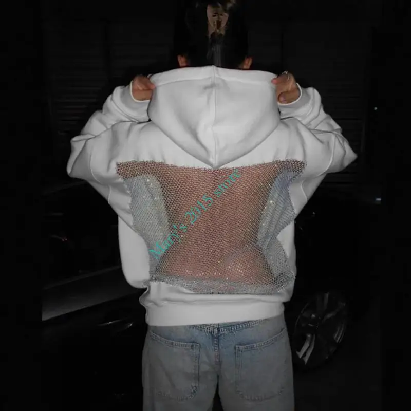 E15F 여성 캐주얼 크리스탈 메쉬 백 까마귀 경량 루즈 긴 소매 풀오버