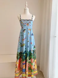 Casual Women's Dresses 100% Linen Halter Printed Vacation Dresses