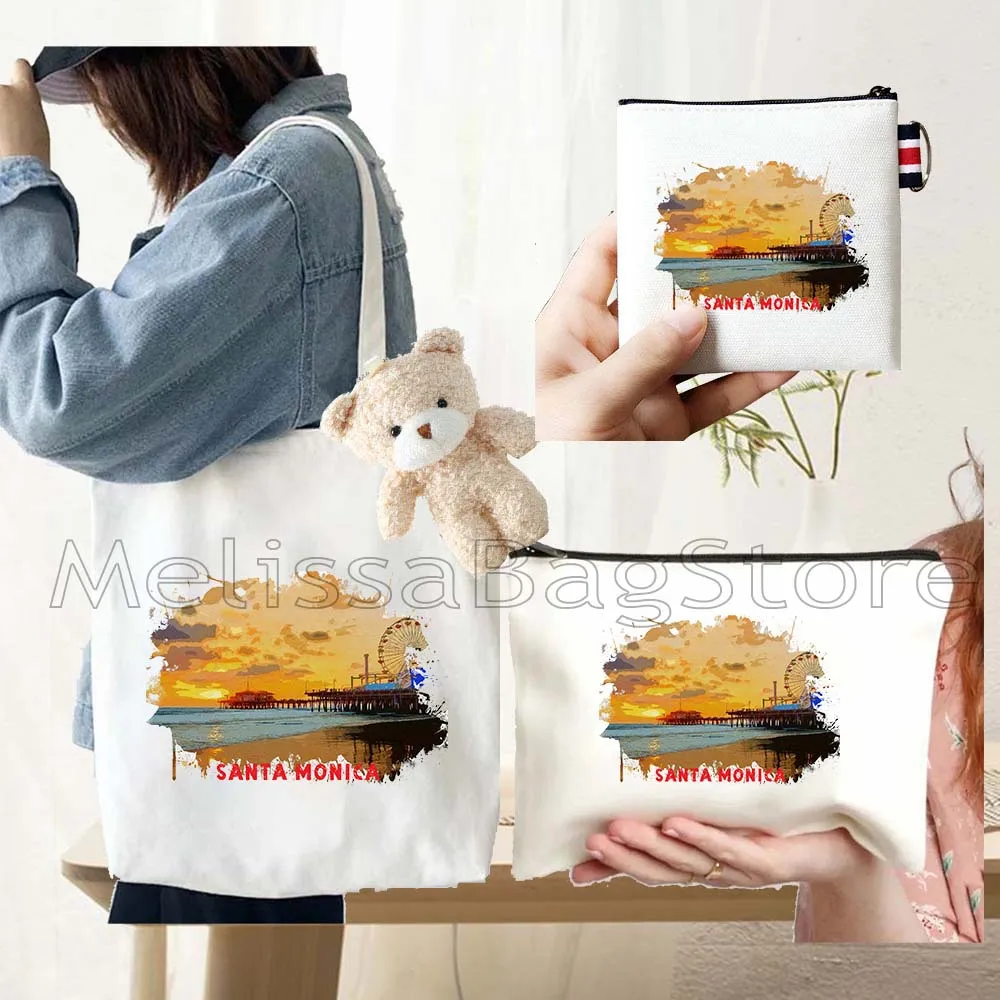 4PCS Gift Santa Monica White Canvas Tote Bag Handbag with Doll Key Coin Purse Cosmetic Makeup Toilet Bag Case Pouch