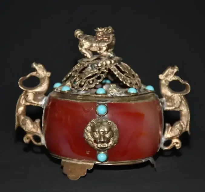 Antique Tibetan Silver Lion Statue Incense Burner Inlaid turquoise beads Home Decor Censer Crafts