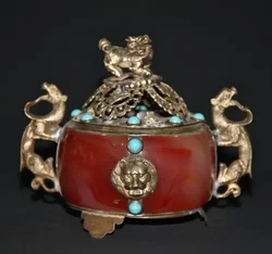 Antique Tibetan Silver Lion Statue Incense Burner Inlaid turquoise beads Home Decor Censer Crafts