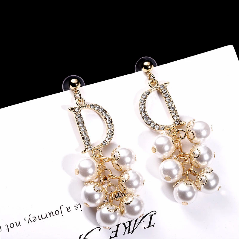 Luxury Pearl Tassel Stud Earrings for Women Designer Brand Letter D Cubic Zirconia Earings Fashion  Z280