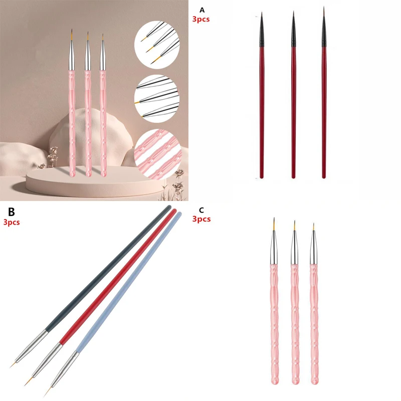 {MX} 3 قطع أقلام تلوين أظافر رفيعة للغاية لفرشاة رسم رفيعة وفرشاة تلميع جل الأشعة فوق البنفسجية أدوات تصميم تفاصيل الأظافر بنفسك