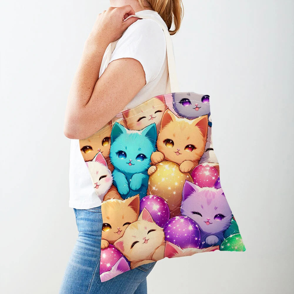 Cute Cartoon Cat Women Shopper Bags Tote Double Print Watercolor Pet Animal Travel Shoulder Handbag Shopping Bag Children Gift