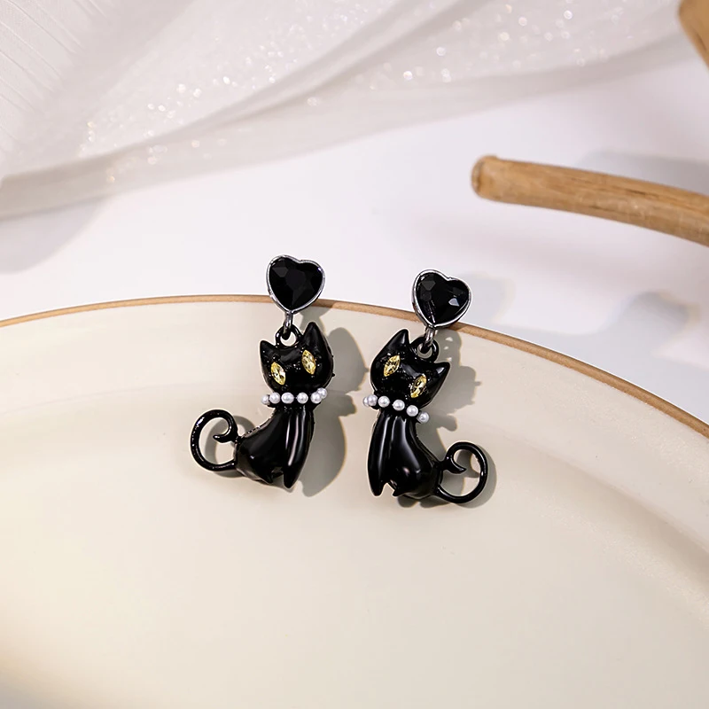 925 Silver Post Black Kitten Crystal Studs - Luxury Pearl Cartoon Earrings Trendy Unique Black Cat Jewelry for Women