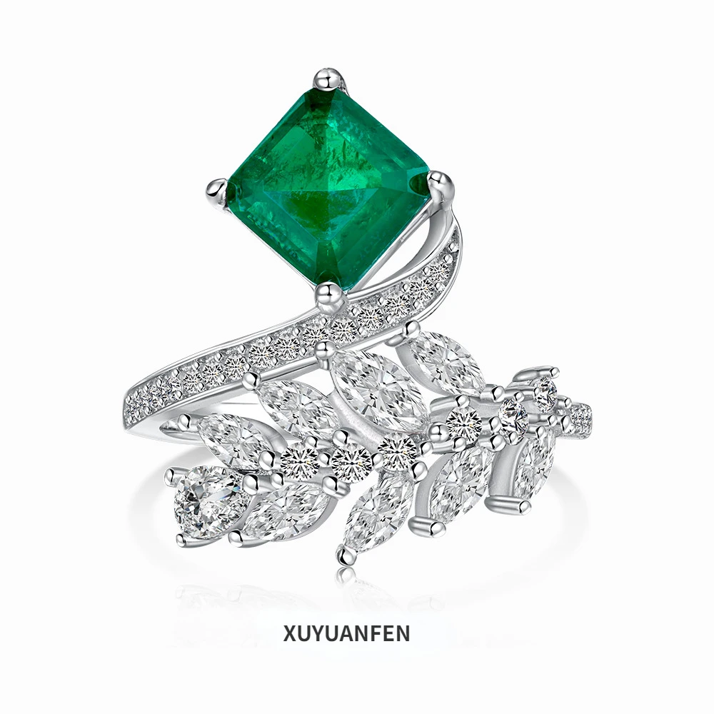 

XUYUANFEN European and American New S925 Sterling Silver Ring, Female Emerald Main Stone Surrounding Leaves, Full of Zircon