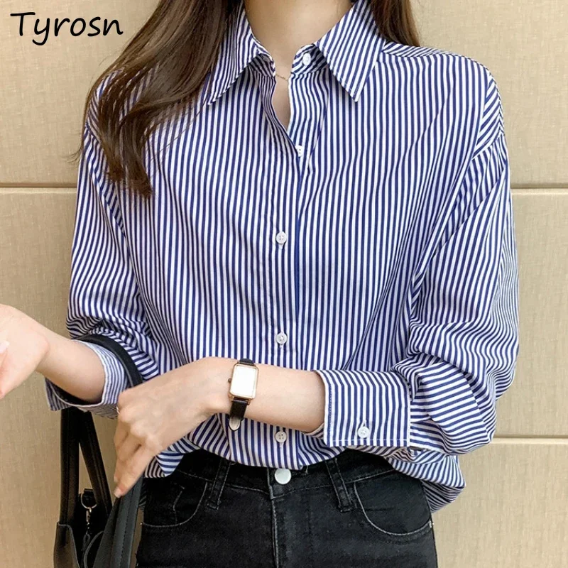 Blue Striped Shirts Women Lapel Office Lady Ulzzang Autumn Temperament Daily Basic Tops Classic Harajuku Long-sleeve New Arrival