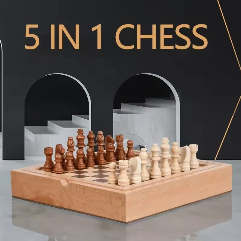 5 in 1 Wooden Chess Board Handmade Customized Portable Travel Game Set Game With Pieces Storage Slots Beginner for Kids & Adults
