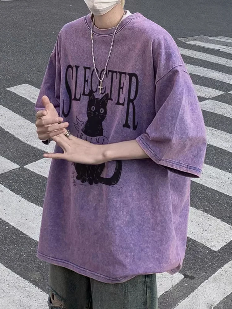 

Waed out Vintage Loose Fit ort Sve T-irt for Men Breathable Cotton Casual Summer Faion Brand Printed round Ne