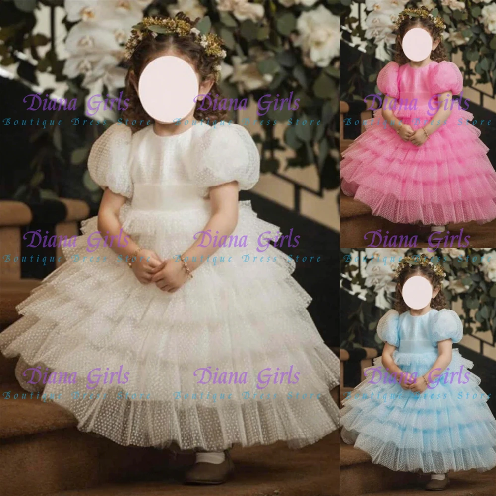 

Quality Lovely Layering Lace Fluffy Flower Girl Dress Puff Sleeves For Kids Birthday Party Beauty Pageant Evening Gowns