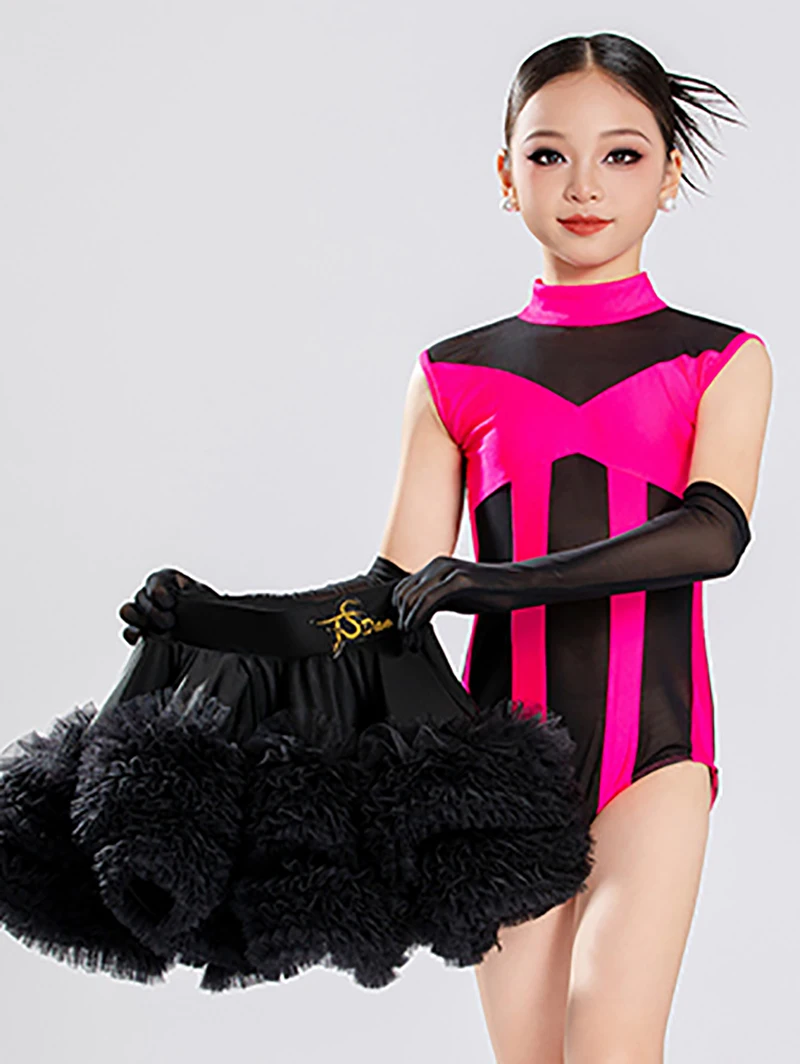 Body en maille contrastée pour enfants filles, grande jupe pivotante en dentelle, uniforme de classe, Costumes de spectacle