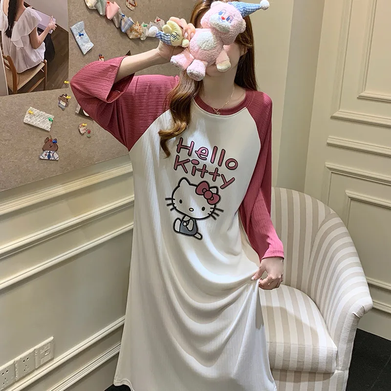 

Sanrio Hello Kitty женская ночная рубашка Kawaii мультфильм осень и зима пижамы с длинными рукавами для отдыха с круглым вырезом комплект домашней одежды новый