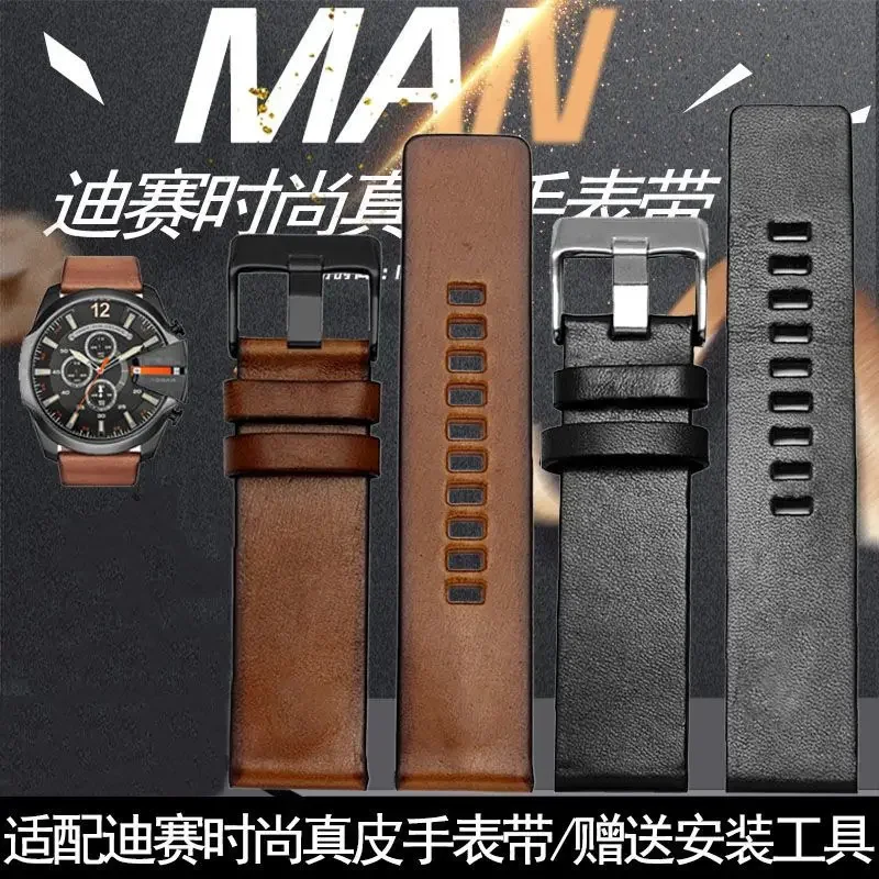 Plain Leather Watch Band for Diesel Dz4318 4338 7257 4423 4498 Waterproof Sweat-Proof Large Dual Cow Leather Watch Strap 26mm